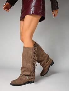 女士冬季过膝靴、百褶靴、女士宽筒马靴、个性流苏装饰西部风格靴、女士秋冬靴、黑色靴子、棕色靴子、套穿式高筒靴 - 卡其色 - 查看 1