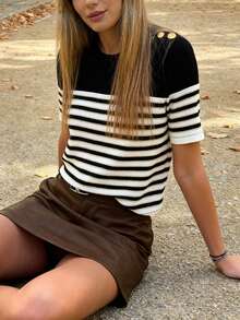 条纹女式针织短袖T恤夏季时尚女士T恤上衣