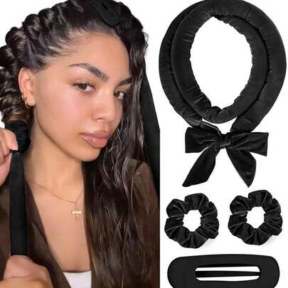 4pcs No-Heat Hair Curlers, Can Be Worn To Sleep Without Heating, Super Soft Ribbon Wrapped For Long Hair, Includes Hair Ties And Clips, Suitable For All Hair Types, Can Be Used Overnight.