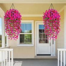 4 Pieces Of Artificial Spring Wedding Hanging Flowers, Spring And Autumn Artificial Flowers, Plastic Decorative Flowers, Garden, Wedding Decoration, Very Suitable For Weddings And Other - Mixed Fuchsia rose red - 查看 5