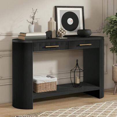 120.01cm Black Modern Wood Console Table With Storage Drawers, Sleek Narrow Design Ideal For Entryway, Hallway, Or Behind Sofa, Provides Ample Storage Space For Keys, Decor, And Essentials, Sturdy Construction, Easy To Assemble, Perfect For Modern Living Room Or Home Decor