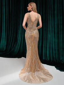 深杏色华丽深V领串珠亮片美人鱼长款晚礼服（前片上半部分，后片随机花卉图案，不匹配） - 杏色 - 查看 9