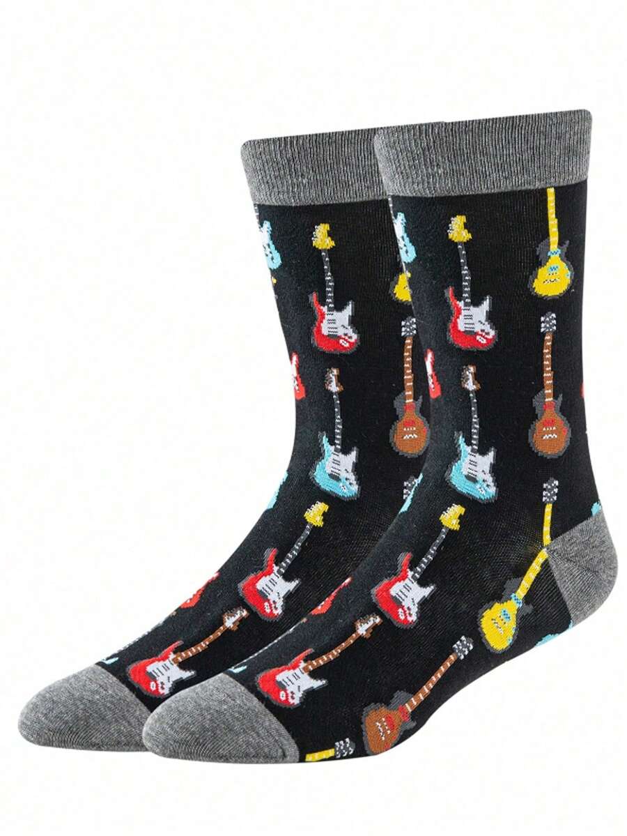 زوج من الجوارب متوسطة الطول ذات نمط الغيتار الملون، مريحة وقابلة للتنفس، مناسبة للارتداء اليومي والمناسبات المتعلقة بالموسيقى - متعدد الألوان - مشاهدة 1