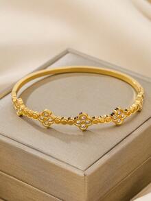 3pcs/Set Stainless Steel Women Bracelet, 18K Plated, Clover & Pentagram Design, Vintage, Versatile, Suitable For Daily Wear, Gifts, Parties, Festivals, Beach Vacation - Gold - View 7