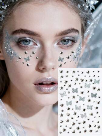 Pegatinas de gemas estéreo brillantes con mariposas plateadas, estilo Y2K para fiestas, festivales de música, maquillaje, ojos, rostro, apto para actuaciones de baile, fiestas y cosplay de boda, tatuajes falsos
