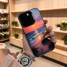 Funda para iPhone con diseño de puesta de sol en la playa color rosa y naranja estampado paisaje marino para uso diario y ocasiones especiales Aplicable a los teléfonos de la serie Apple y Galaxy - Negro - Ver 4