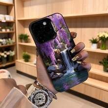Cubierta de telefono con diseño de cascada y flores moradas para iPhone 14 Pro Max color negro con impresion de paisaje natural y texto CASENO ideal para uso diario en floristeria o eventos elegantes Aplicable a los teléfonos de la serie Apple y Galaxy - Negro - Ver 4