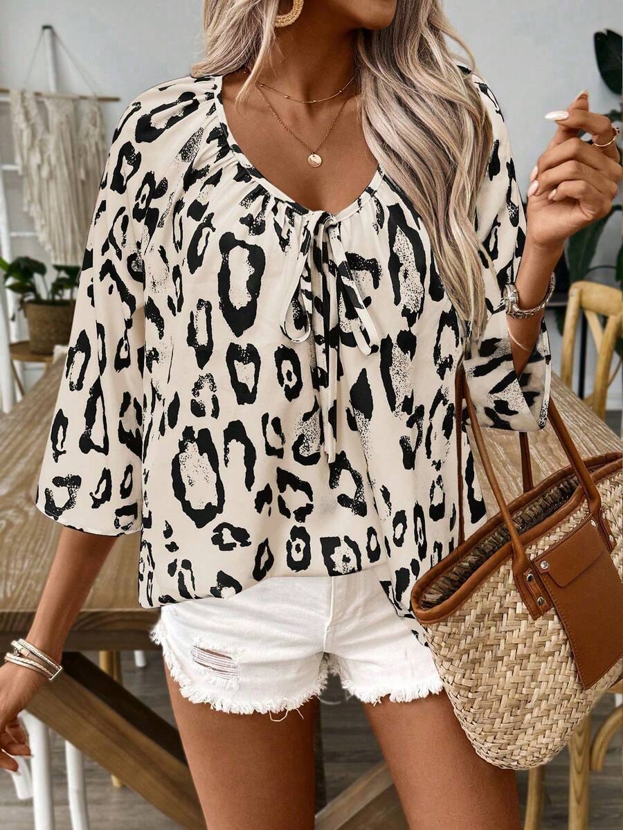 KeKe Bloomly Women's Fashionable Leopard Print Loose Fit Blouse, Versatile For Commuting, Dating, Party, Beach, Vacation - Black and White - View 1