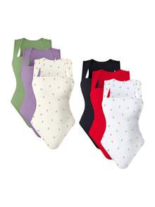 OQQ 3 Piece Bodysuits For Women Sexy Ribbed Strappy Square Neck Stretch Tank Tops Bodysuits - 酪梨綠,香芋紫,玫瑰米,黑,紅,玫瑰白 - 查看 1