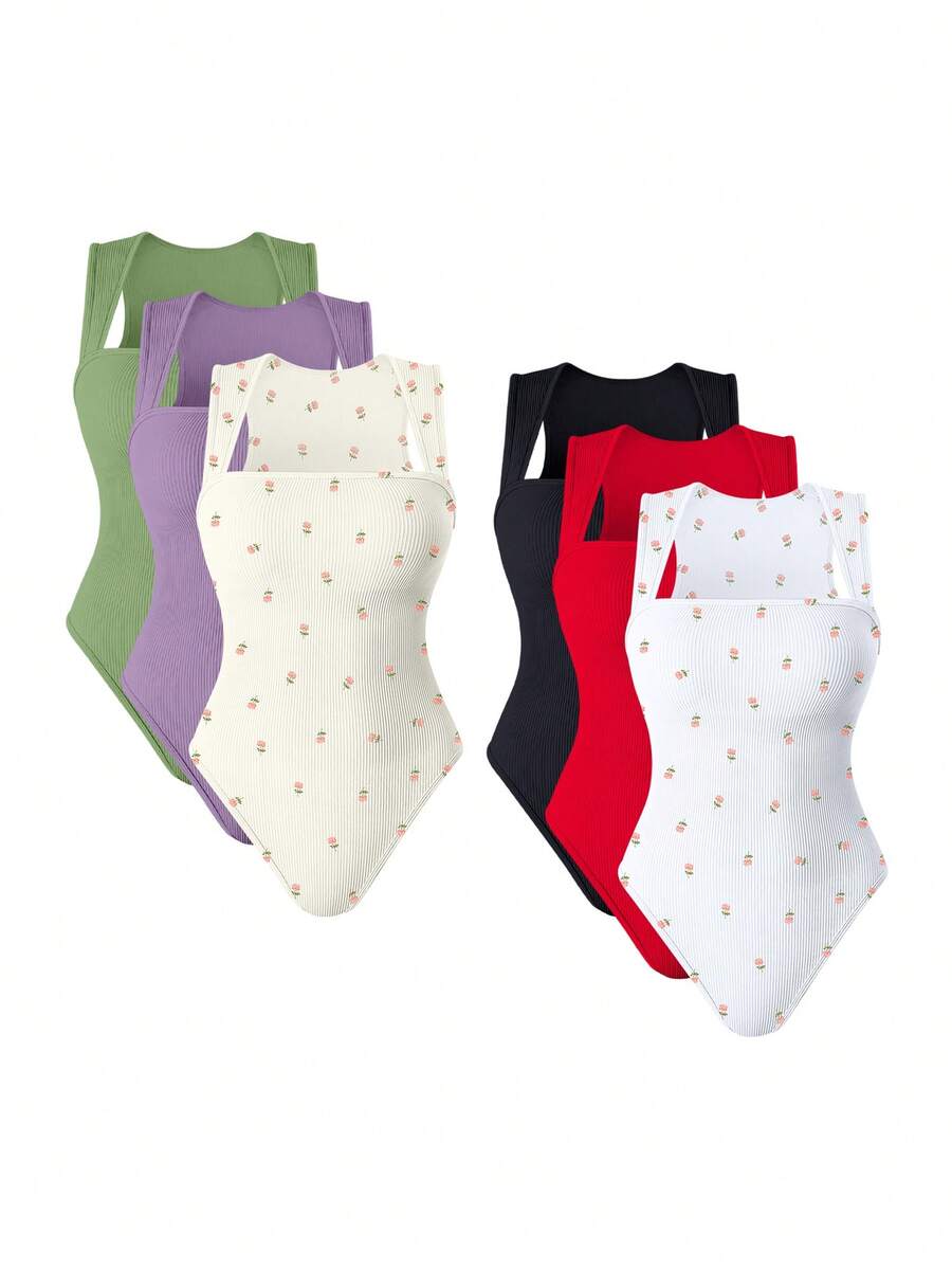 OQQ 3 Piece Bodysuits For Women Sexy Ribbed Strappy Square Neck Stretch Tank Tops Bodysuits - 酪梨綠,香芋紫,玫瑰米,黑,紅,玫瑰白 - 查看 1