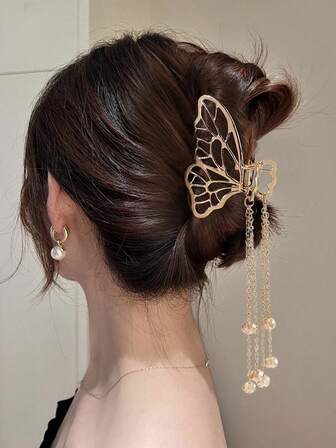 1 pieza Clip de metal hueco con mariposa y borla, clip de metal etéreo para el cabello para recogido, accesorios para el cabello de invierno, sujetador de cabello casual