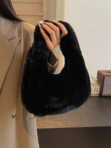 2025 New Plush Small Handbag For Women, High-Quality Versatile Fuzzy Tote Bag, Fashionable Student Shoulder Bag - Black - View 10