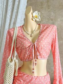 女士夏季波点两件套沙滩装，包括荷叶边喇叭袖透视V领罩衫上衣和长款侧开衩罩衫连衣裙，是夏季海滩和泳池派对的完美之选。 - 粉色 - 查看 6