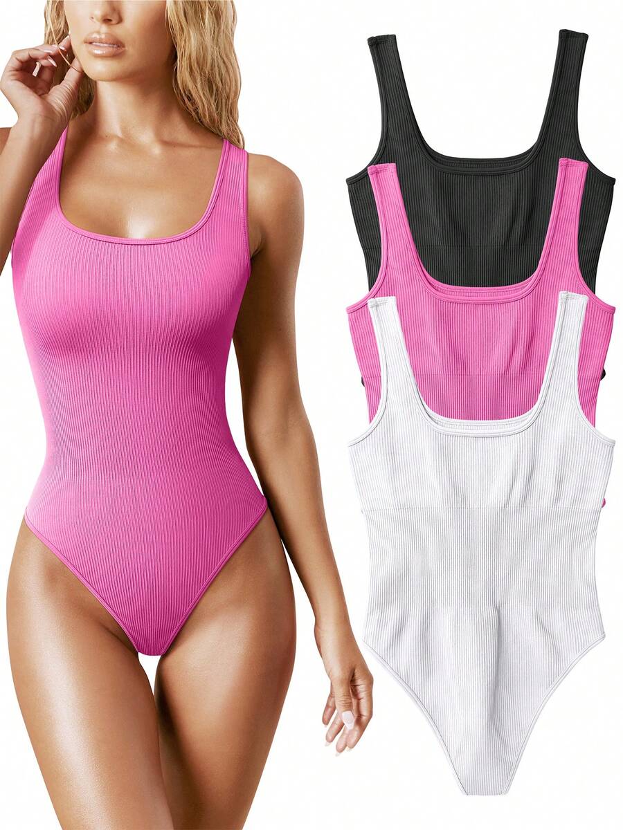 Women's 3 Pieces Bodysuits Sexy Ribbed Sleeveless Square Neck Tank Tops Leotard 2025 Outfits - Black, Rose, White - View 1