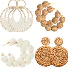 Rattan Earring Set For Women Summer Rattan Hoop Wicker Straw Earrings Handmade Beach Jewelry Woven Round Drop Dangle Earrings - Multicolor - View 2