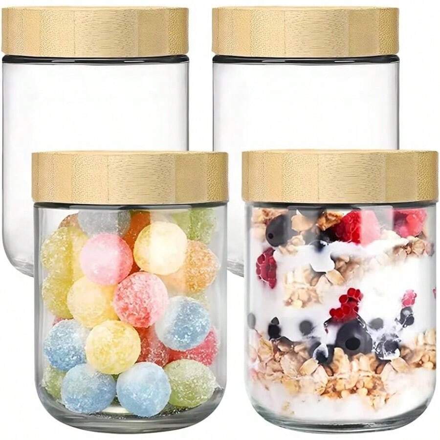4 Pack Tarros de Vidrio con Tapa de Bamb Hermtica 16 Oz Botes para Alimentos Recipientes de Avena Frascos de Vidrio Recipientes de Cocina para Mermeladas, Especias, Tuerca y Dulces - 4 - Ver 1