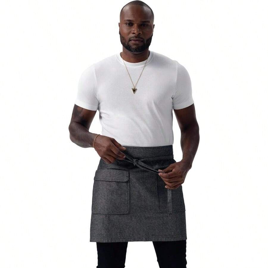 Unisex Utility Half Bistro Apron For Kitchen And Restaurant Staff Durable Adjustable Strap Design With Multiple Pockets For Efficient Tool And Utensil Storage Ideal For Food Service Professionals Seeking Comfort And Practicality In Busy Work Environments - BlackNatural - View 1