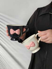 1pc Black & Pink Bow Ceramic Cup, Cute & Sweet Ceramic Cup With 3D Bow And Stem Design, Suitable For Coffee, Beverages, Sweet & Chic Home Decor And Gifts For Friends
