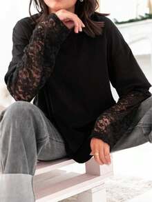 时尚休闲纯色百搭修身短款长袖圆领T恤，春季 - 黑色 - 查看 5