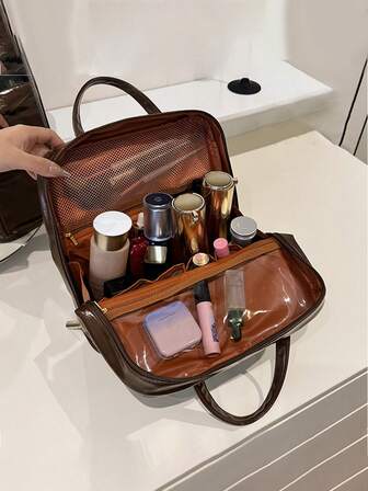 分格立式化妆包 - 大容量旅行化妆收纳包，多功能分格设计，防水PU材质，耐用布料和网状口袋，便携式桌面护肤美妆工具收纳盒 - 也可作为日常旅行手提包使用。女士礼物，圣诞礼物，女士送礼佳品