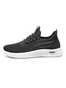 Zapatillas de running para hombre de malla transpirable en color liso, con un diseño clásico y minimalista. Zapatillas deportivas de suela plana con detalles de letras entrelazadas. Zapatillas ligeras y cómodas adecuadas para correr, hacer footing, entrenar a diario, ir al gimnasio, realizar actividades al aire  llevar con ropa informal. - Negro - Ver 2