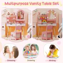 Lifezeal Kids Vanity Set With 3-Color Lighting Modes, Adjustable Brightness, Mirror Cabinet White/Pink - Pink - View 5