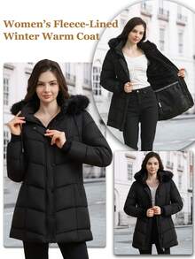Women's Winter Quilted Jacket Mid-Length Hooded Quilted Jacket With Multiple Pockets And Fleece-Lined Windproof Coat Features Magnetic Snap Pockets, Two-Way Zipper, And Detachable Hood Casual Outdoor Winter Top For Warmth, Suitable For Daily Wear, Outdoor,Travel,Gift - 黑色 - 查看 6