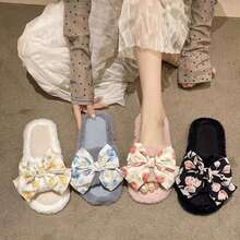 Dwukolorowe, wsuwane, wygodne, grube, polarowe kapcie damskie z kokardką