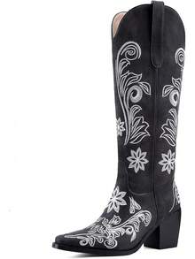 Women's Western Cowboy Boots Knee High, Floral Embroidered Vintage Cowgirl Boots With Pointed Toe & Chunky Heel, Pull-On Tabs For Country Style, Concert, Party And Daily WearChristmas - 黑色 - 查看 1