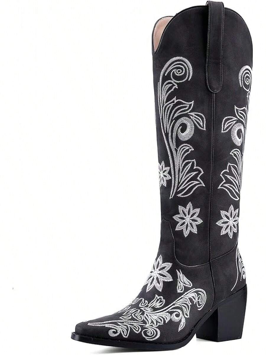 Women's Western Cowboy Boots Knee High, Floral Embroidered Vintage Cowgirl Boots With Pointed Toe & Chunky Heel, Pull-On Tabs For Country Style, Concert, Party And Daily WearChristmas - 黑色 - 查看 1