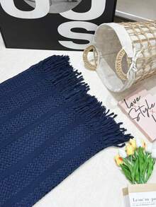 Cozy Knit Throw Blanket With Tassels - Soft, Lightweight & Warm - Perfect For Couch, Bed, And Travel - Farmhouse Style In Khaki & Cream - Cropped Handkerchief In Navy Blue - View 5