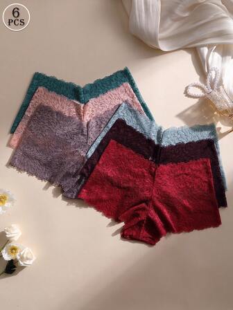 6 PCS Women's Sexy Lace Splicing Boxer Shorts Seamless Panties Tummy Control &Butt Lifter Stretch Briefs Soft Breathable & Comfortable Underwear For Yoga, Sports And Daily Wear