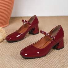 Women's Fashionable Solid Color Retro College Style Button High Heels - Burgundy - View 2