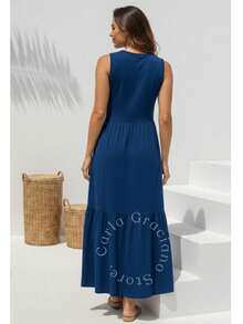 Women's Long Dress With Pleated Skirt, Summer And Winter 502 - Navy Blue - View 3