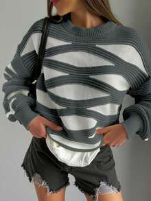 FOR BEAUTY 秋冬新款圆领波浪条纹撞色长袖针织衫，女士时尚宽松舒适多巴胺色灯笼袖套头毛衣，女士新年毛衣 - 碳灰 - 查看 2