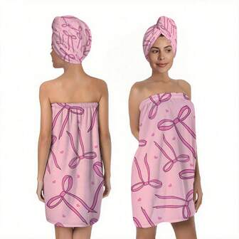 1/2pcs Valentine's Day, Couples And Wedding Ceremony Pink & Purple Heart Bow Bathrobe, Sweet Girly Style, Bath Towel, Beauty SPA Towel. The Bathrobe Is In A Strapless Dress Shape, With A Soft And Cozy Bathrobe. The Front Of The Dress Is Decorated With A 3D Pink Big Bow, The Overall Color Tone Is Pink And Eye-Catching. Bath Towel And Hair Dryer Cap Set - Cute Pink Ultra-Fine Fiber Bath Towel, Adjustable Strap - Quick-Drying, Suitable For Spa, Dorm, Beach And Other Occasions, A Great Gift For Her.
