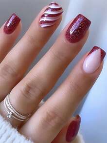 24 piezas Uñas postizas rojas cortas con estilo francés, uñas Y2K, uñas cuadradas de moda con degradado, brillo, patrones geométricos y rayas, estilo simple, uñas acrílicas postizas reutilizables, incluye 24 piezas de pegatinas de gel y una lima pequeña