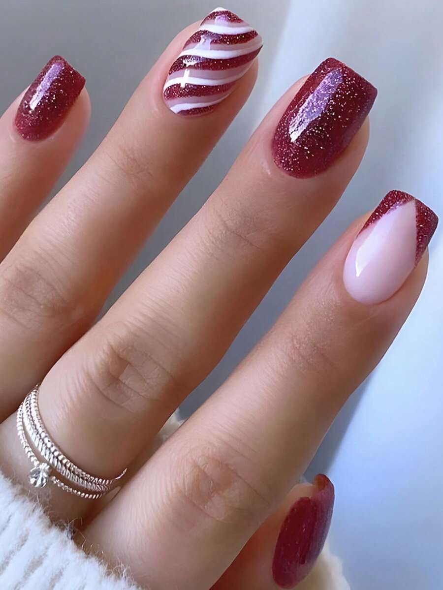 24 piezas Uñas postizas rojas cortas con estilo francés, uñas Y2K, uñas cuadradas de moda con degradado, brillo, patrones geométricos y rayas, estilo simple, uñas acrílicas postizas reutilizables, incluye 24 piezas de pegatinas de gel y una lima pequeña