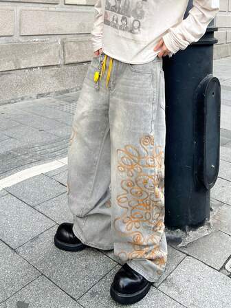 1 pieza Pantalones vaqueros holgados y desgastados con estilo americano casual y bordado para hombres (cinturón y accesorios no incluidos)