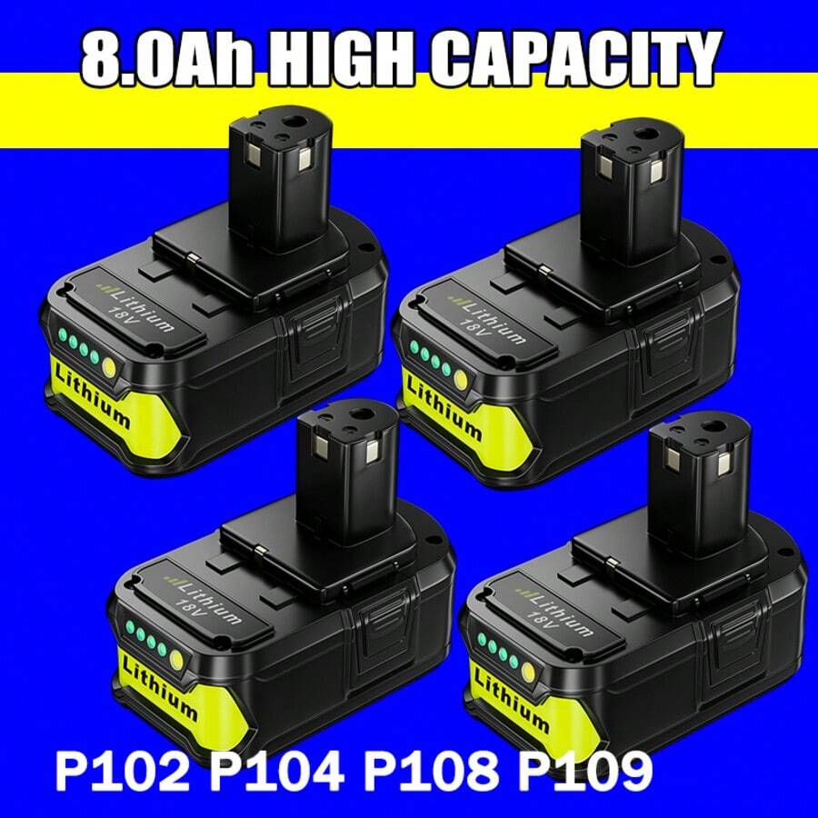 1PCS 2PCS 4PCS | 8.0Ah High Capacity Replacement For Ryobi 18v Battery, Compatible With Ryobi 18Volts System Cordless Power Tools And Charger - 黑色 - 查看 1