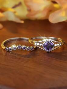 1pc Luxurious & Alluring Purple Geometric Cubic Zirconia Women's Fashion Ring Set, Party/Birthday/Engagement/Wedding/Anniversary Gift, Everyday Wear - Purple - View 7