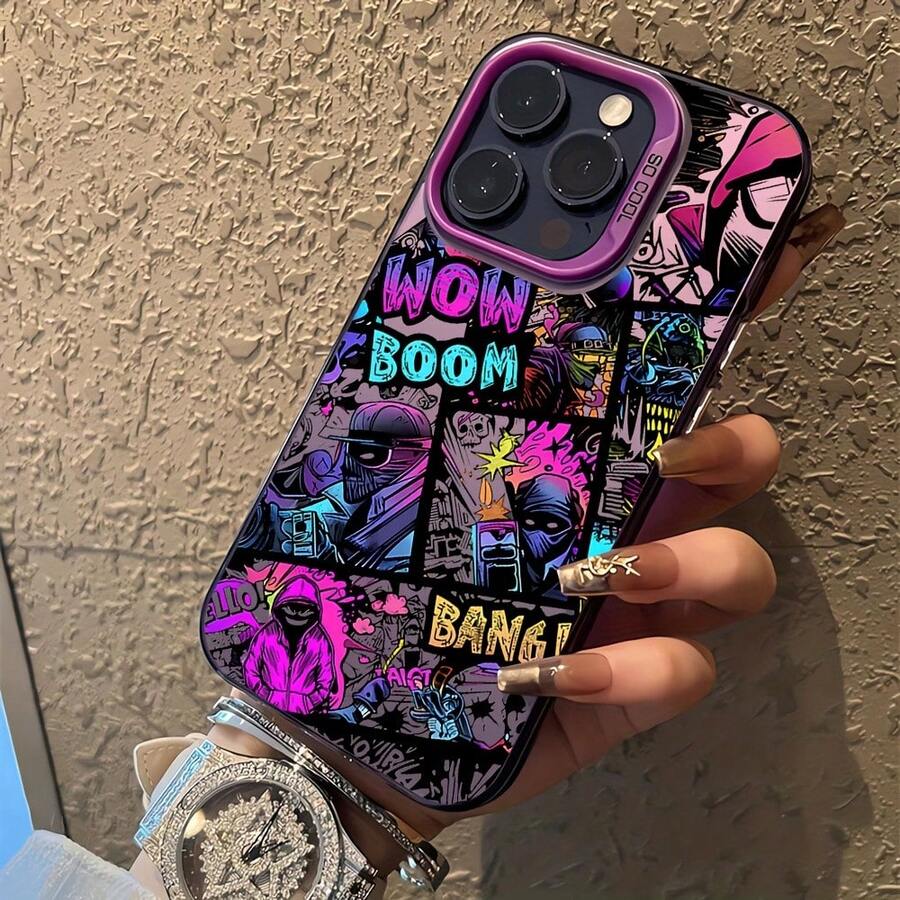 Funda de Teléfono Creativa con Graffiti Moderno para Niño, Adecuada Para iPhone 17, 16e, 16, 15, 14...12, 11 Mini Pro Max Air X/XR..XS MAX 8, 7 Plus - Cubierta Trasera Mate Anticaída Funda Bonita que Brilla en la Oscuridad Con Gatos Iluminados Rectangular - Morado - Ver 1
