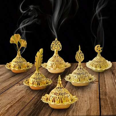 Ngẫu nhiên 3 chiếc Đế đựng hương nhỏ kiểu Ả Rập Trung Đông Golden Hollow/Đế đựng hương thơm bằng kim loại/Đế đựng hương gỗ đàn hương