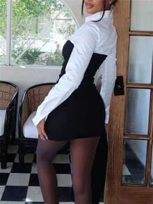 夏季街头撞色连衣裙长袖翻领拼接短款连衣裙休闲女装黑色春季优雅 - 黑色 - 查看 3