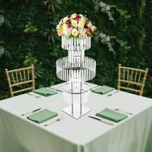 43.3in Tall Wedding Gold Crystal Flower Stand, Square Pedestal Stand, Crystal Flower Rack, Silver Vases Centerpieces Crystal Flower Stand With Hanging Crystals, 5-Tier Square Chandelier Pedestal Stand For Wedding Road Lead T Stage Flower Arrangement Decoration - 銀色 - 查看 6