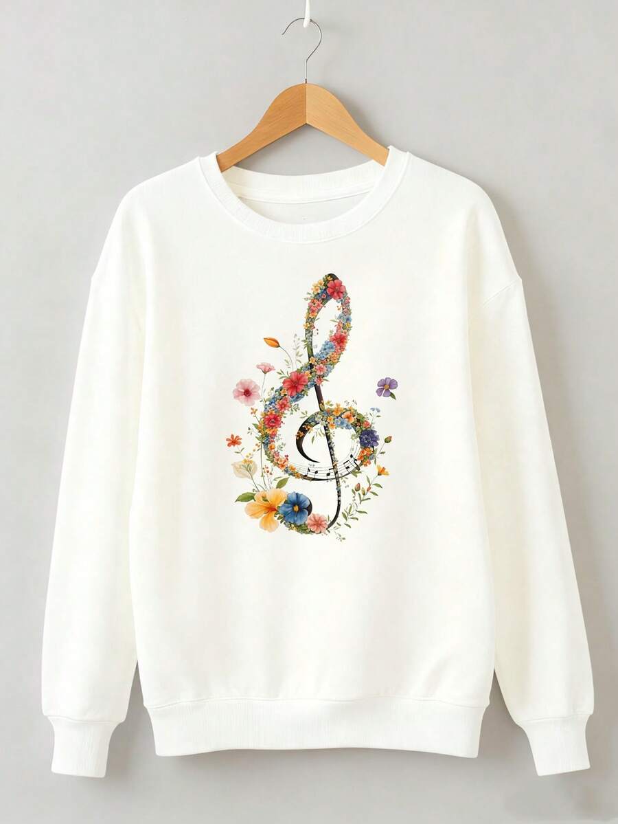 Floral Music Note Design Crewneck Sweatshirt Women Long Sleeve Casual Pullover Top Soft Comfortable Autumn Winter Wear Halloween Christmas Thanksgiving 280g Round Neck Sweatshirt - 白色 - 查看 1