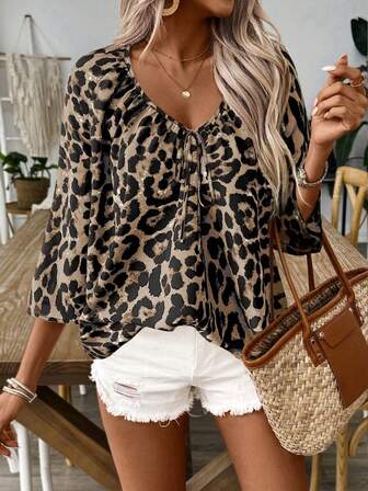 Keke Bloomly Christmas New Fashion Versatile Leopard Print Strap Decor Women Blouse, Autumn