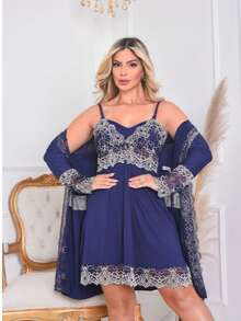 Camisola Amamentação com Robe Gestante Pós Parto de Luxo, Saída de Maternidade - Azul Marinho - Visão 7