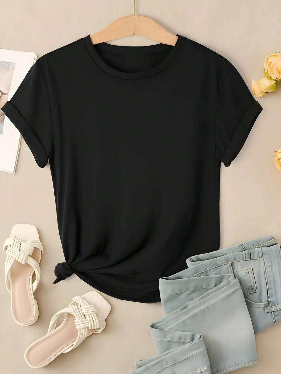 Women's T-Shirt For Various Occasions, Plain Print, Cotton Blouse, Casual, Cute, Premium Knit, Short Sleeve, Round Neck Shirt - 黑色 - 查看 1