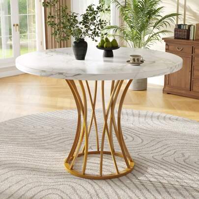 Runder Esstisch (80 X 80 X 76 Cm), Light And Luxurious Round Tisch For 4-6 Personen, Designed For Esszimmer And Wohnzimmer, MDF Marmorierte Tischplatte, Golden Beine